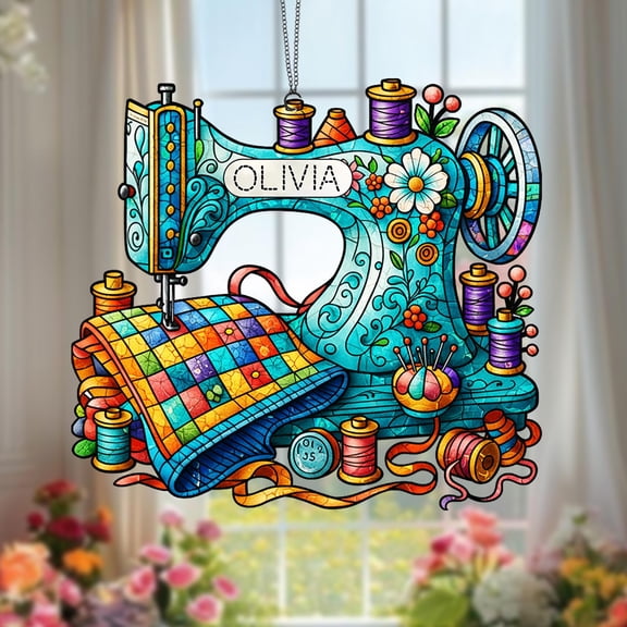 Sewing Machine Acrylic Suncatcher - Stained-Glass-Style Window Hanging, Seamstress/Quilter Christmas Gift