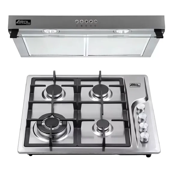 Combo Parrilla 4 Quemadores 60 Cm Y Campana Extractora Slim Arol, Acero Inoxidable, Modelos P-in4q59b Y Csi-60ai