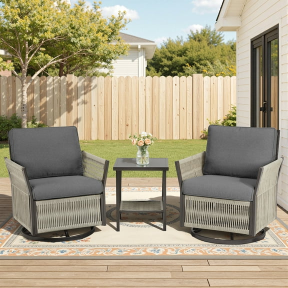 Lumiinofami Outdoor Swivel Rocking Chairs, 3-Piece Patio Wicker Rocker Gliders with Side Table and Gray Cushions