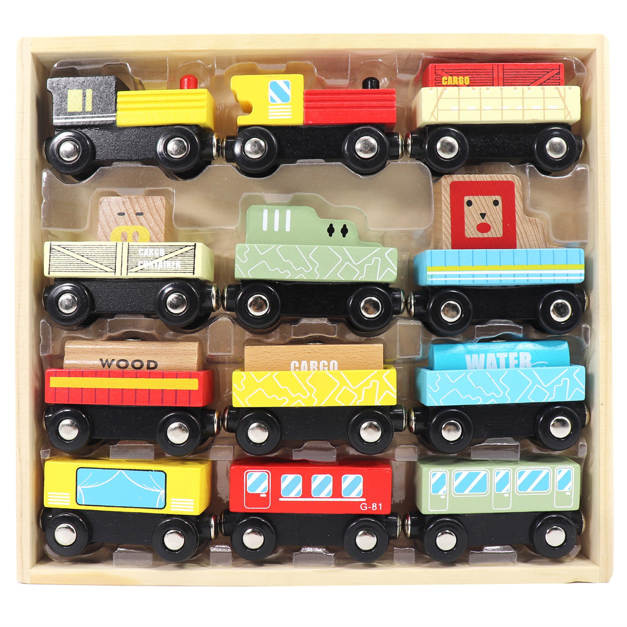 Leo & Friends 12-Piece Wooden Train Set for Kids | Includes Train Cars