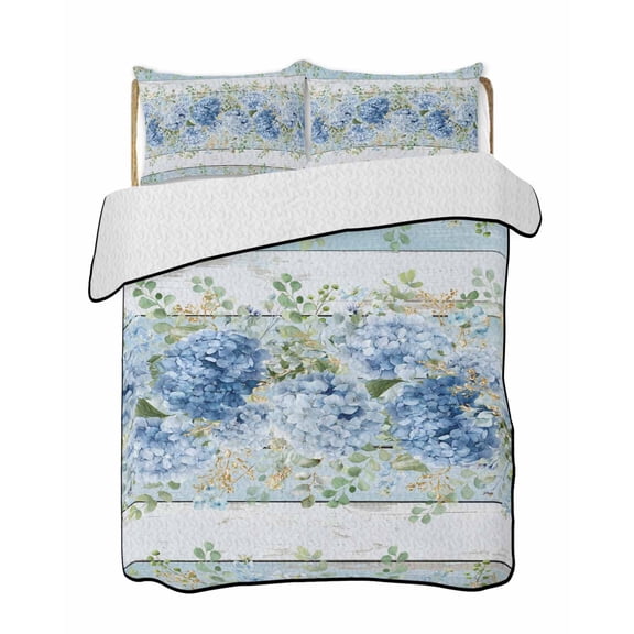 Quilts King Size Bedding Set, Hydrangea Eucalyptus Lightweight Quilted Comforter, Summer Botanical Blue Wooden Soft Reversible Bedspread Coverlet with Pillow Covers for All Season, 96" x 106"