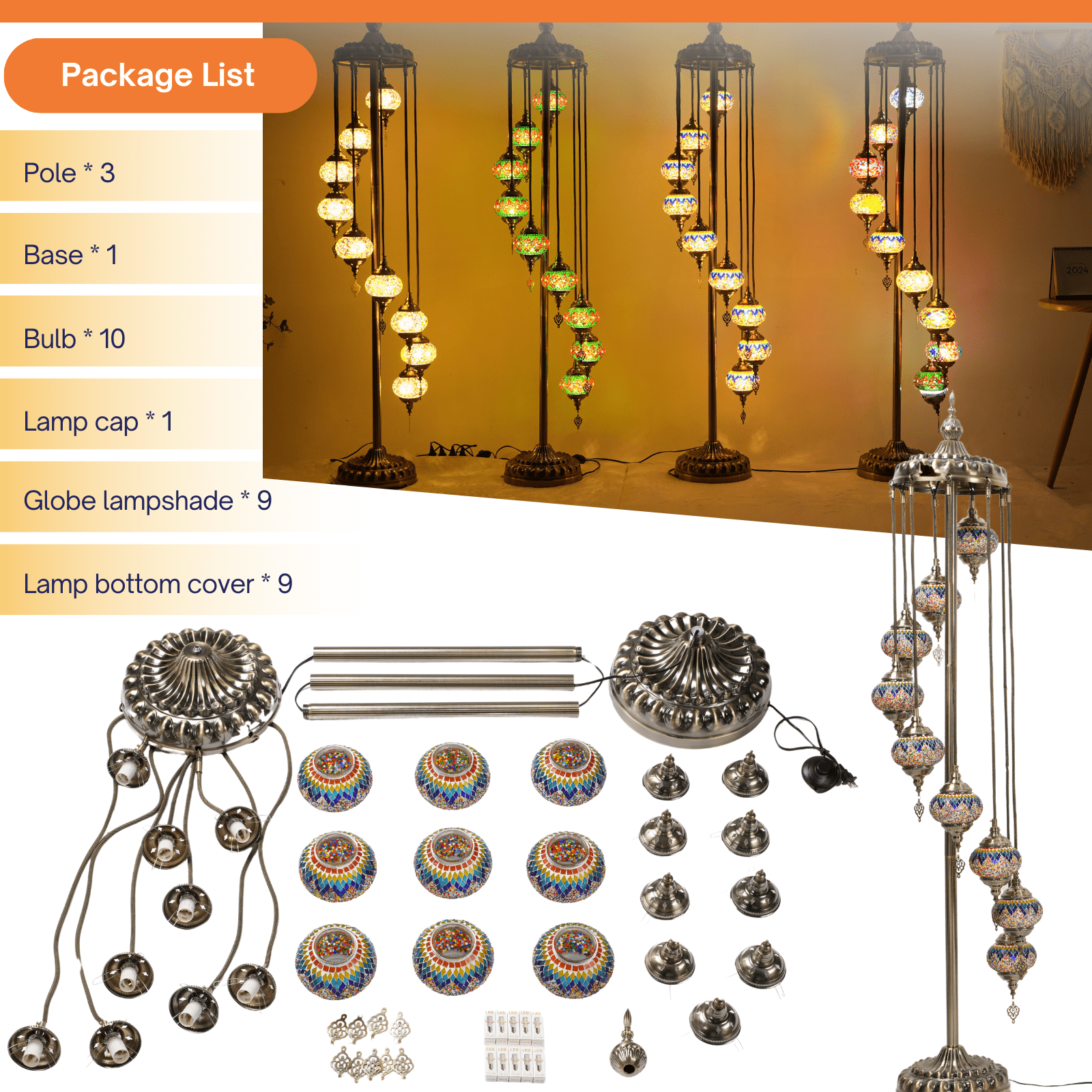 Turkish Mosaic Lamp 74in Tall Floor Standing Light,Handcrafted 9 Globe ， Moroccan Design, 5.2in Glass Spheres, No Tool Assembly, Traditional Artistry, Included E12 Bulb