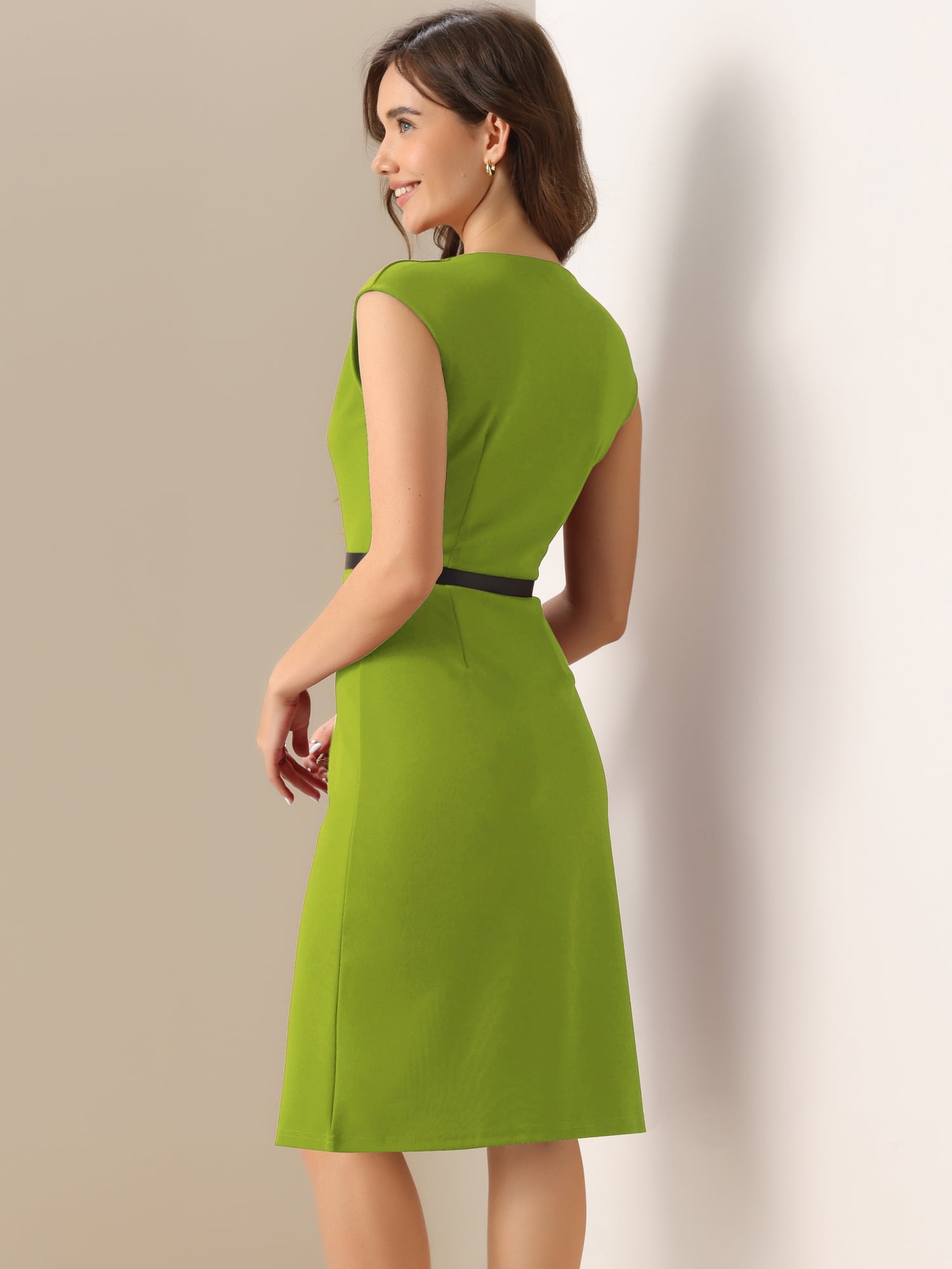 DARING DIVA Elegant Round Neck Cap Sleeve Belted Work Sheath Dresses XS Light Green
