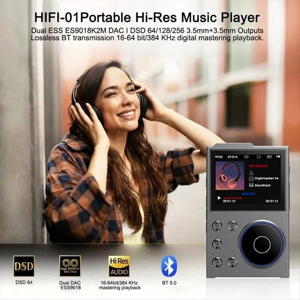 Reproductor de MP3 HiFi Bluetooth 5.0 Reproductor de Audio Sin Pérdida Reproductor de Música Digital Reproductor de Audio Portátil Tarjeta 16G Incorporada Gris