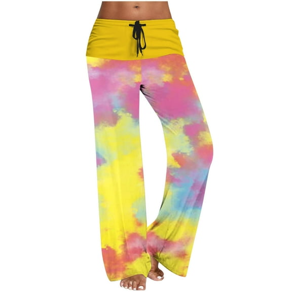 USNSM Women's Comfy Pajama Pants Casual Tie-Dye Print Wide Leg Pant High Waist Stretch Drawstring Palazzo Trousers Yellow S