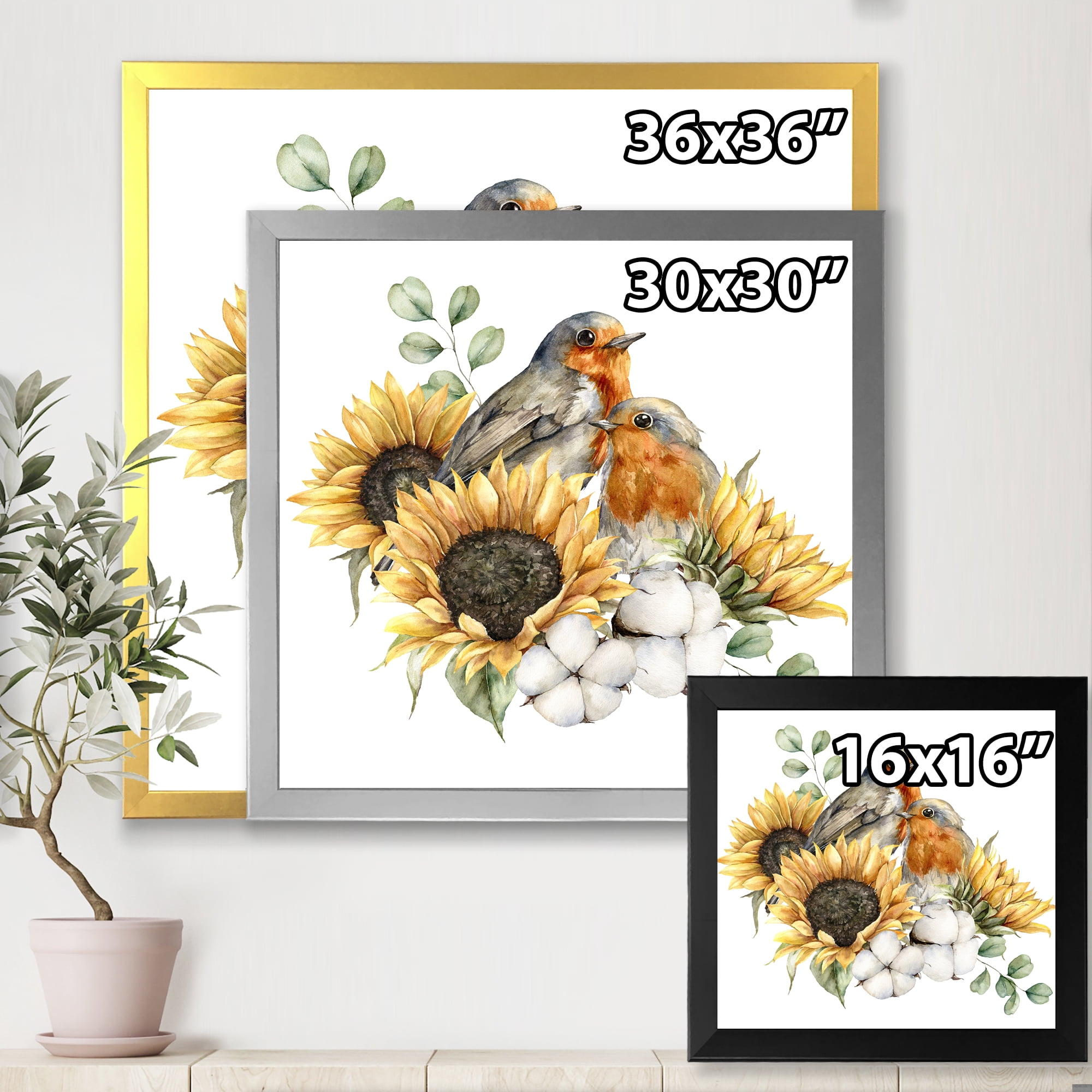 Designart 'Autumn Bouquet With Robin Redbreasts Sunflowers Cotton' Traditional Framed Art Print