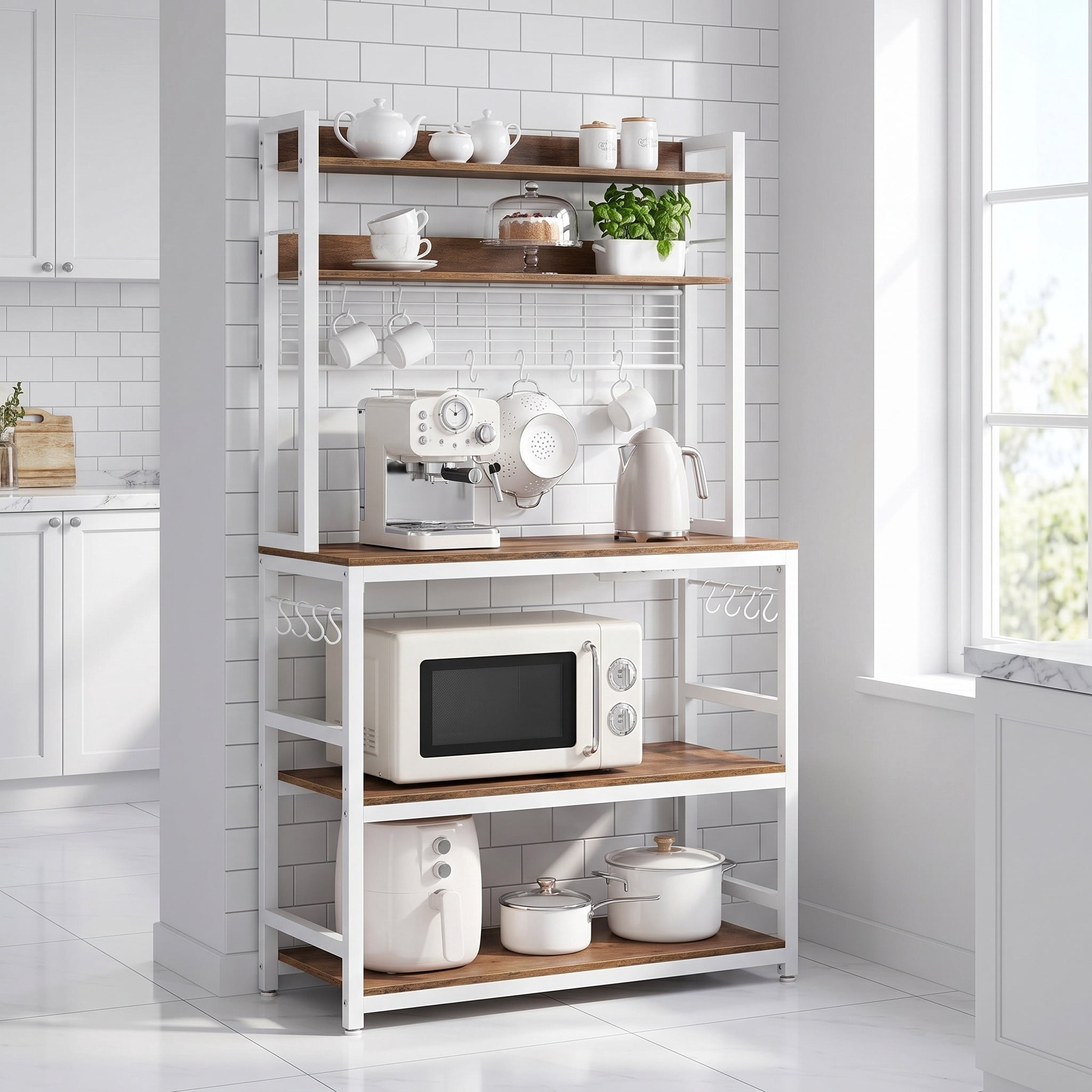 Nordic Hygge 66.9 in. Tall Bakers Rack with Power Outlet, Rustic Walnut & Cloud White