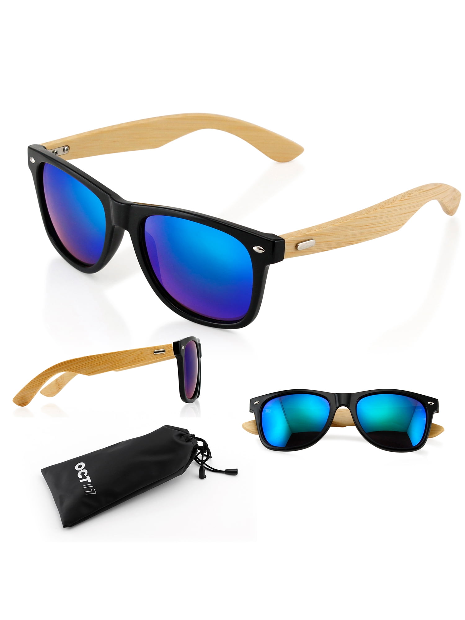 Men's 2019 Handcrafted Natural Bamboo Frame Blue Mirror Polarized Sunglasses