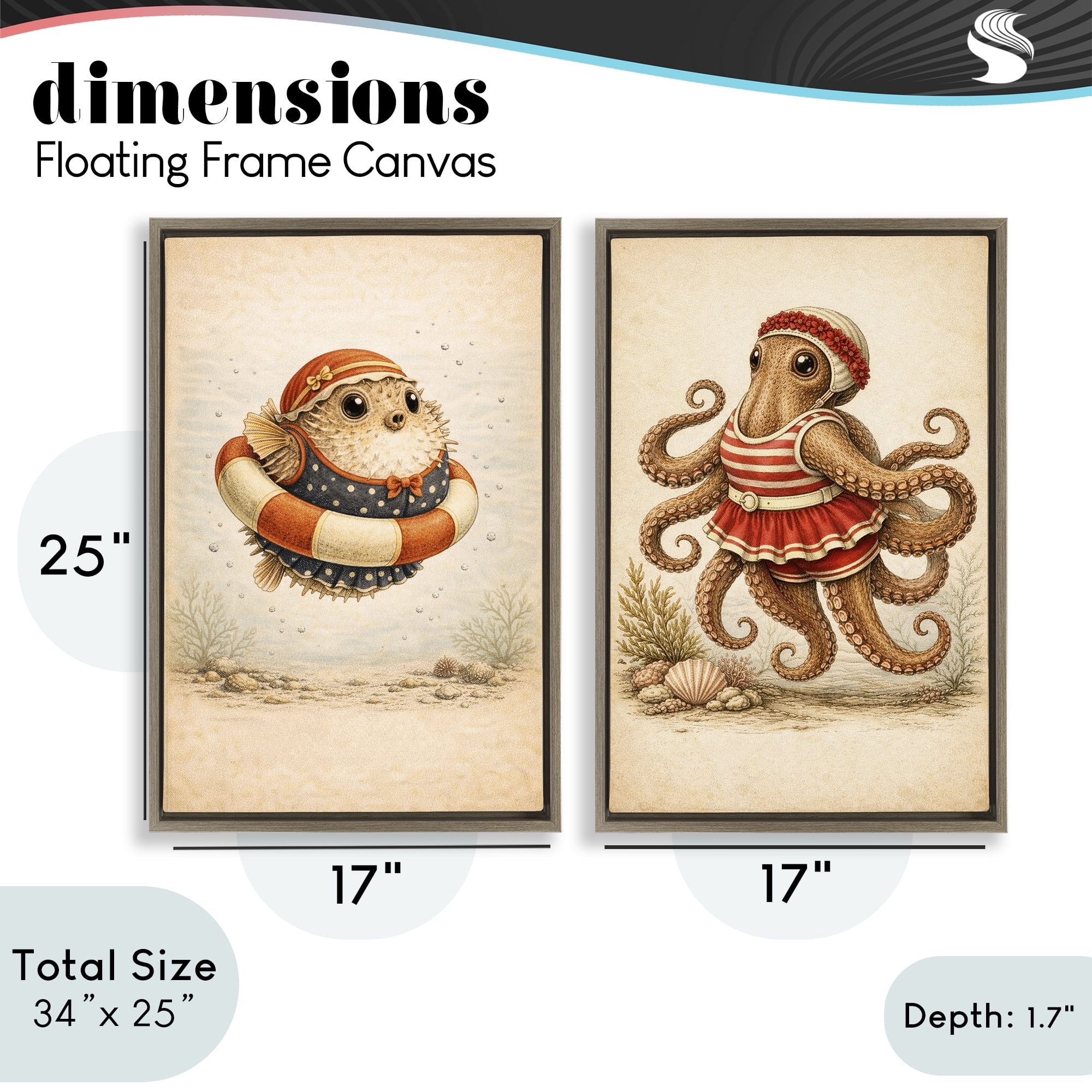 Stupell Industries Vintage Maritime Bathing Creatures 2 Piece Brown Framed Floater Canvas Set, design by Grotto Studios