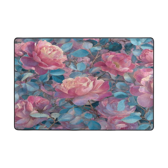 Area Rugs 72"x48" Indoor Non-Slip Wear Resistant Floor Mats Soft Large Carpets for Living Room Bedroom Home Decor Washable Rug Pink Roses and Blue Leaves