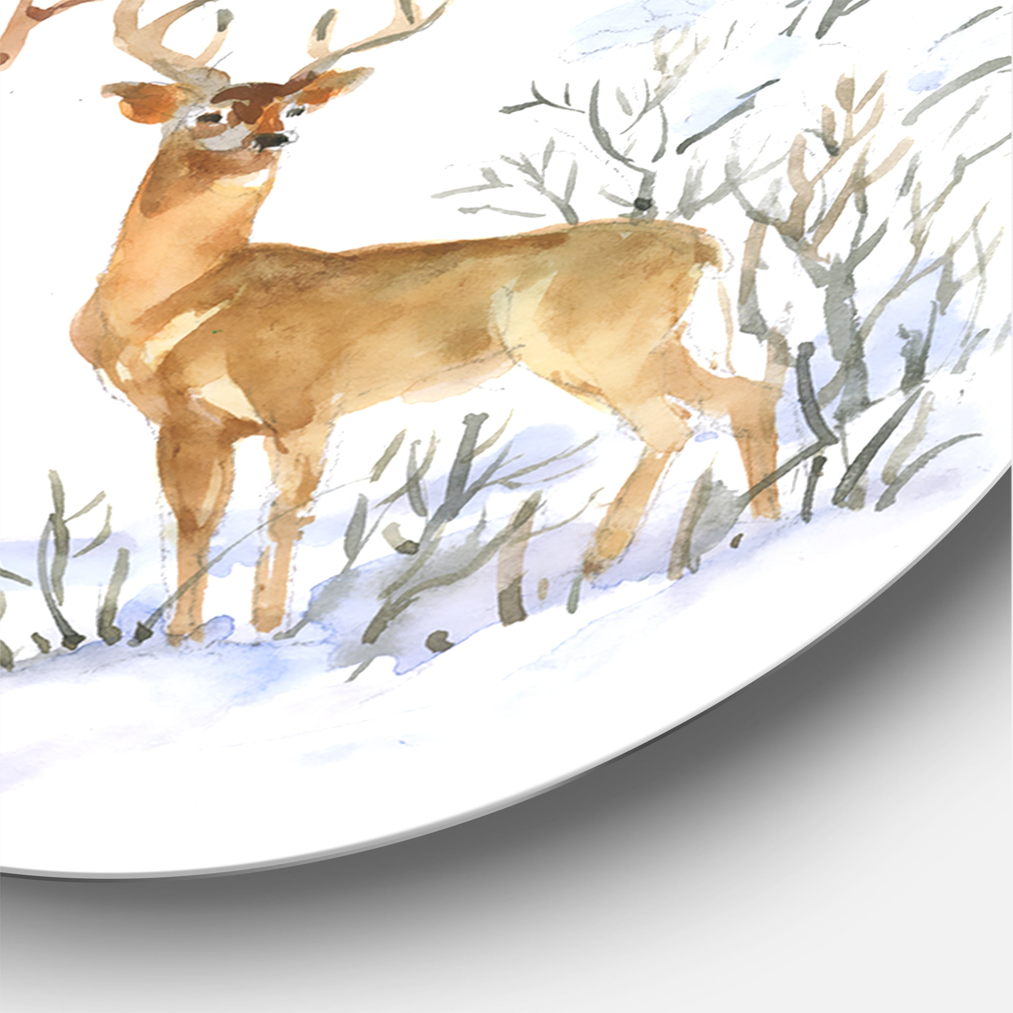 Designart 'Two Deers With Winter Cottage' Farmhouse Circle Metal Wall Art 36x36 - Disc of 36