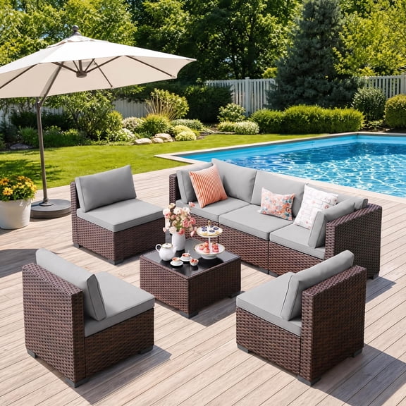 Lofka Outdoor Conversation Set 7 Pieces PE Wicker Rattan Patio Furniture Set with Thick Gray Cushions and Tempered Glass Table, All-Weather Resistant for Backyard Poolside Deck