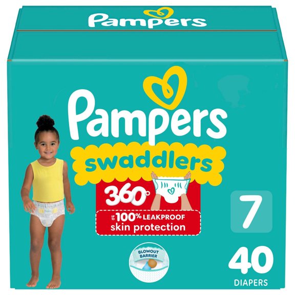 Pampers Couches - Swaddlers 360° - Taille 7, jusqu'à 100 % Anti-Fuites, Ajustement Sec et Confortable, Attaches EZ Off Conçues pour des Changements Faciles, Couche-Culotte à Enfiler