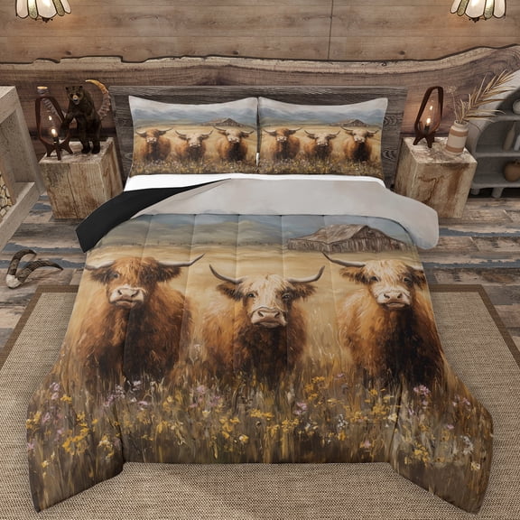 Manfei Rustic Highland Cattle Bedding Comforter Set,Country Farmhouse Lodge Twin Comforter Sets,Old Barn Door Bedding Set For Boys,Super Cozy Room Decor Reversible,2-Piece