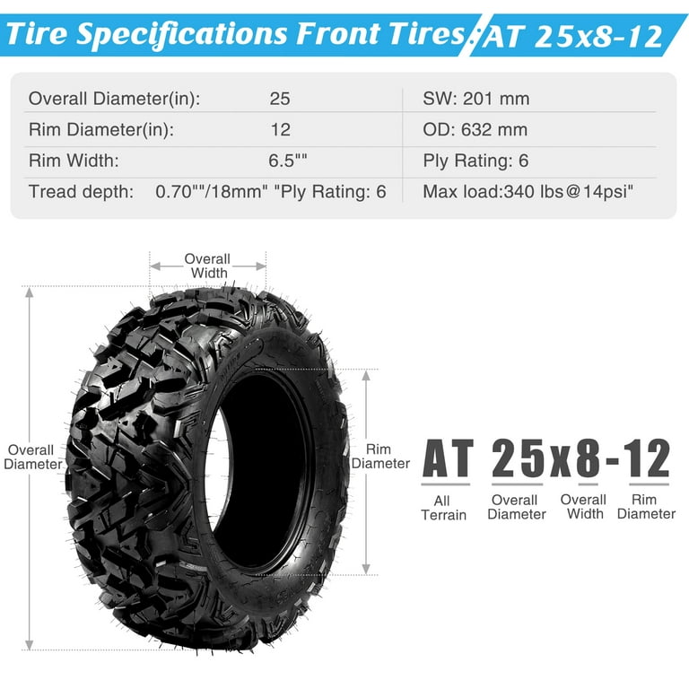 2pcs 25x8-12 & 2pcs 25x10-12 Tyres 6ply For Off Road Quad ATV