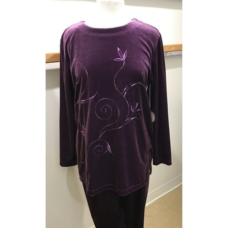 Tunic Lounge Set - Purple Embroidered Velour Tunic Top And Matching Pant 2-Piece Jog Lounge Set (Style# 1771S)