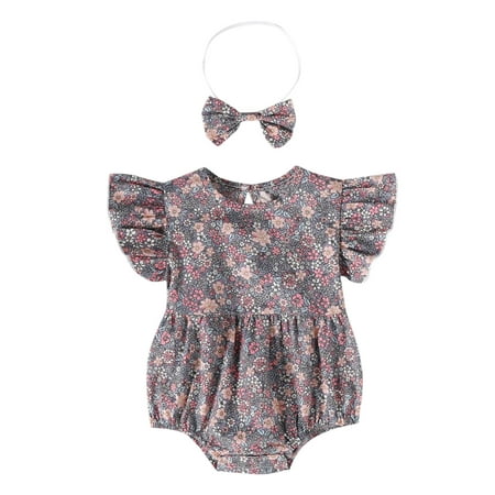 

nsendm New Born Girl Baby Gift Baby Girls Short Ruffled Sleeve Floral Romper Welcome Home Baby Set Purple 6-12 Months
