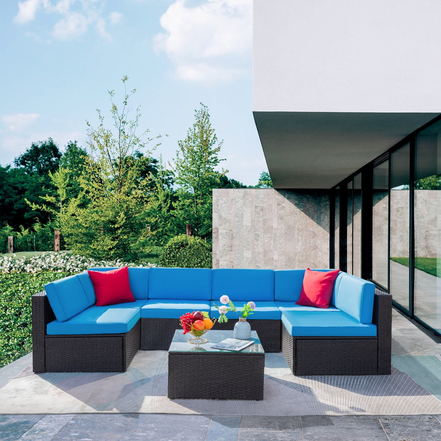 Lacoo 7 Pieces Patio Conversation Sets Outdoor Sectional Sofa Set PE Rattan Seating Group with Cushions and Table Blue