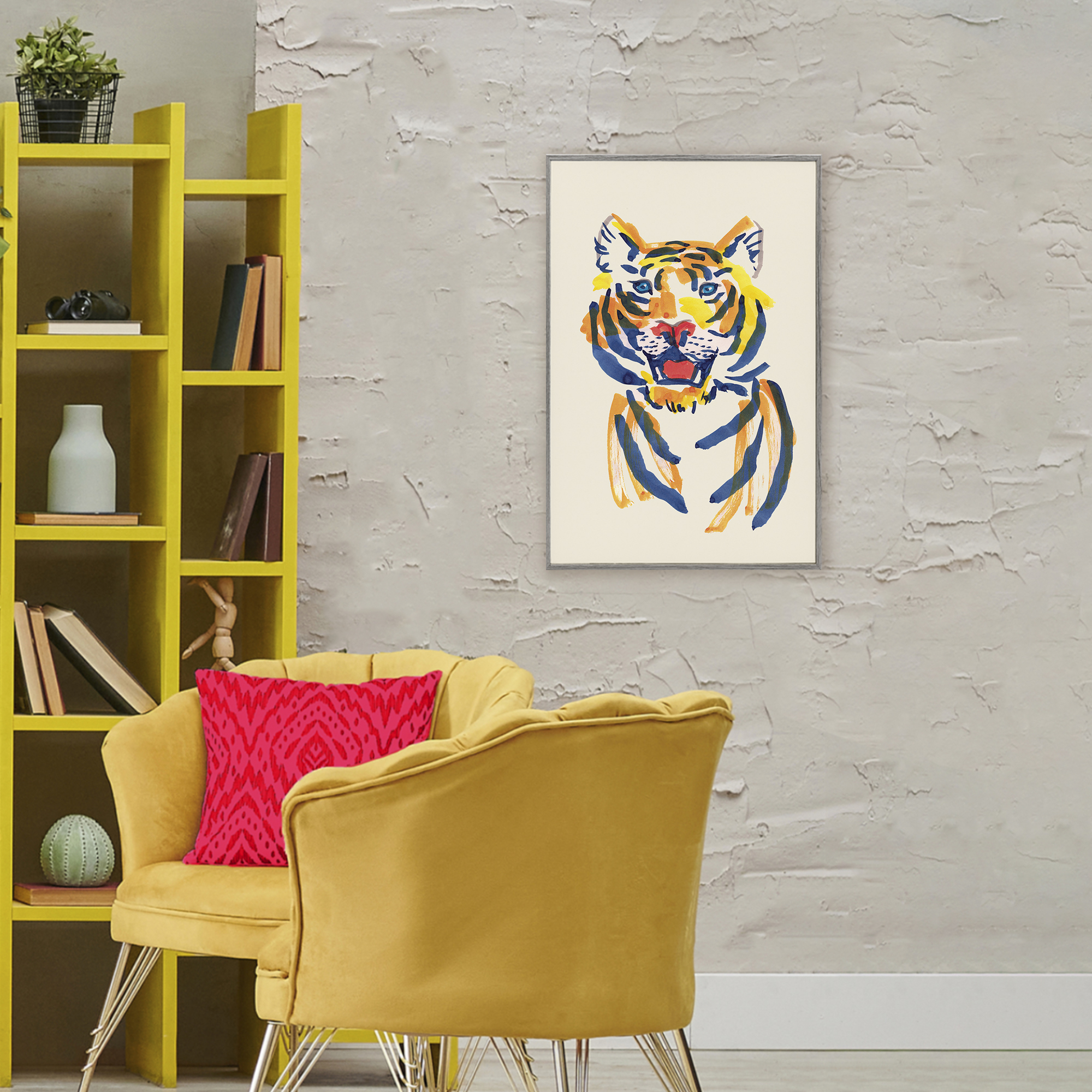 Tiger Roar Watercolor Gray Framed Giclee Art, design by Karolina Sato