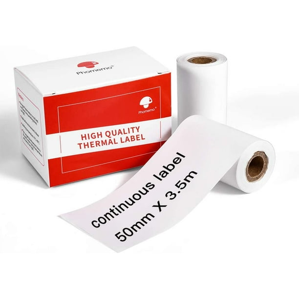 Phomemo Multi-Purpose 2 Rouleaux de papier d'étiquettes continus  auto-adhésifs blancs pour imprimante d'étiquettes Phomemo M200, 50 mm x 3,5  m 