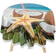 SKYSONIC Coconuts Sandy Beach Round Tablecloth 60inch Indoor Wrinkle Free, Blue Sea Sky Circular Lace Table Cover Washable for Kitchen Party BBQ Dining Decor
