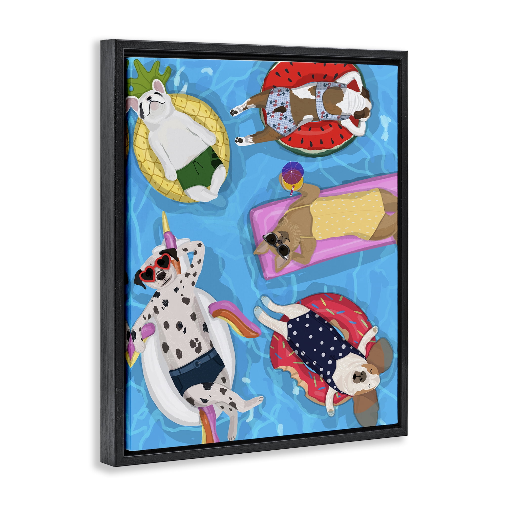 Stupell Industries Summer Sunbathing Dogs Black Framed Floater Canvas Wall Art, design by Hanna Melin