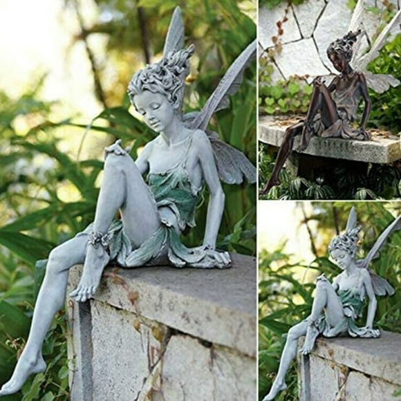 Gomyhom Figurines de Statue de Fée de Fleur avec des Ailes en Plein Air Jardin Ornement Résine Artisanat