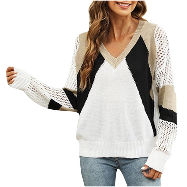 Suéter con cuello en V de manga larga a juego de colores de moda informal para mujer Pompotops hdfakjf11525