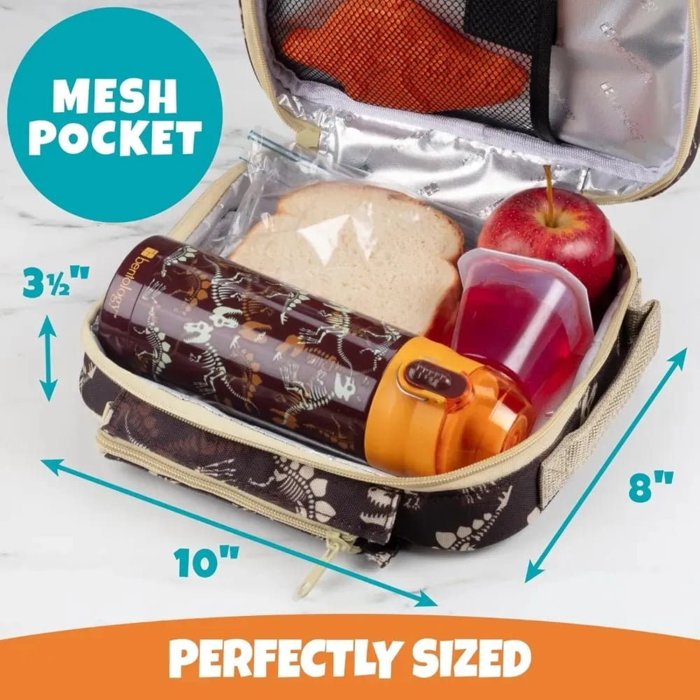Bentology Kids Lunch Bag Set w Matching Reusable Water Bottle & Hard Ice Pack- Orange Dinosaurs- Insulated Tote, Stainless Steel Insulated Thermos, Hard Ice Pack- School Lunchbox Kits