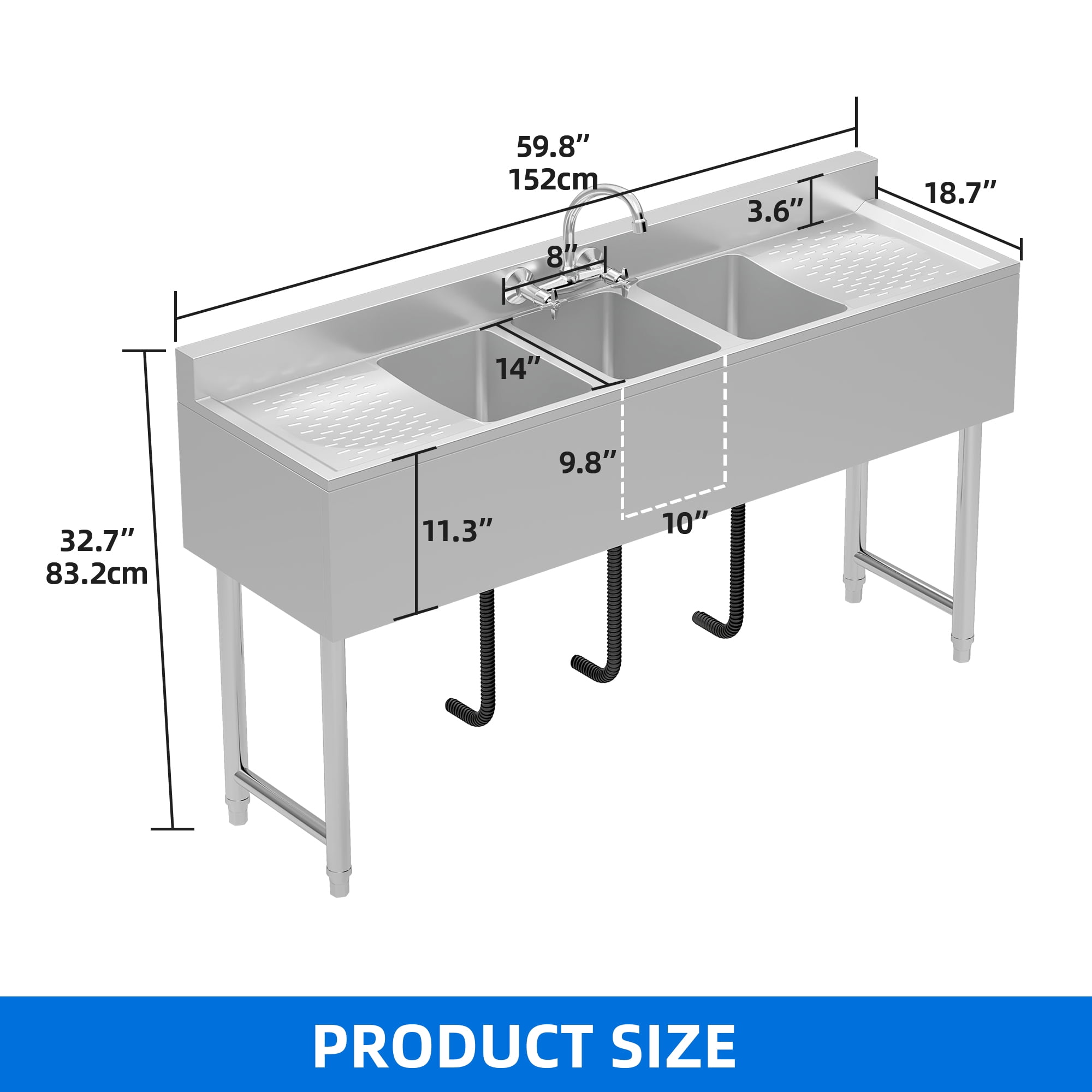 Dextrus Kitchen Sink 3 Compartment Stainless Steel Sink with Double&nbsp;Drainboard&nbsp;Commercial Freestanding Sink for Restaurant, Garage, Utility Sink 60" W x 16" D x 32" H
