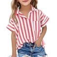 thumbnail image 3 of akafmk Girls Short Sleeve Shirts Cotton Linen Stripe Button Down Shirt Collared Relaxed Summer Casual Beach Shirt, 5-15Y, 3 of 8