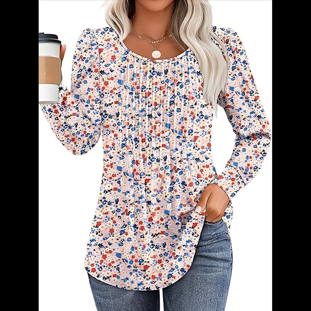Blusas Plisadas de Larga Abullonada para Mujer, Cuello Redondo, Elegantes, Informales, Holgadas, para Invierno y . Floral Rosa M