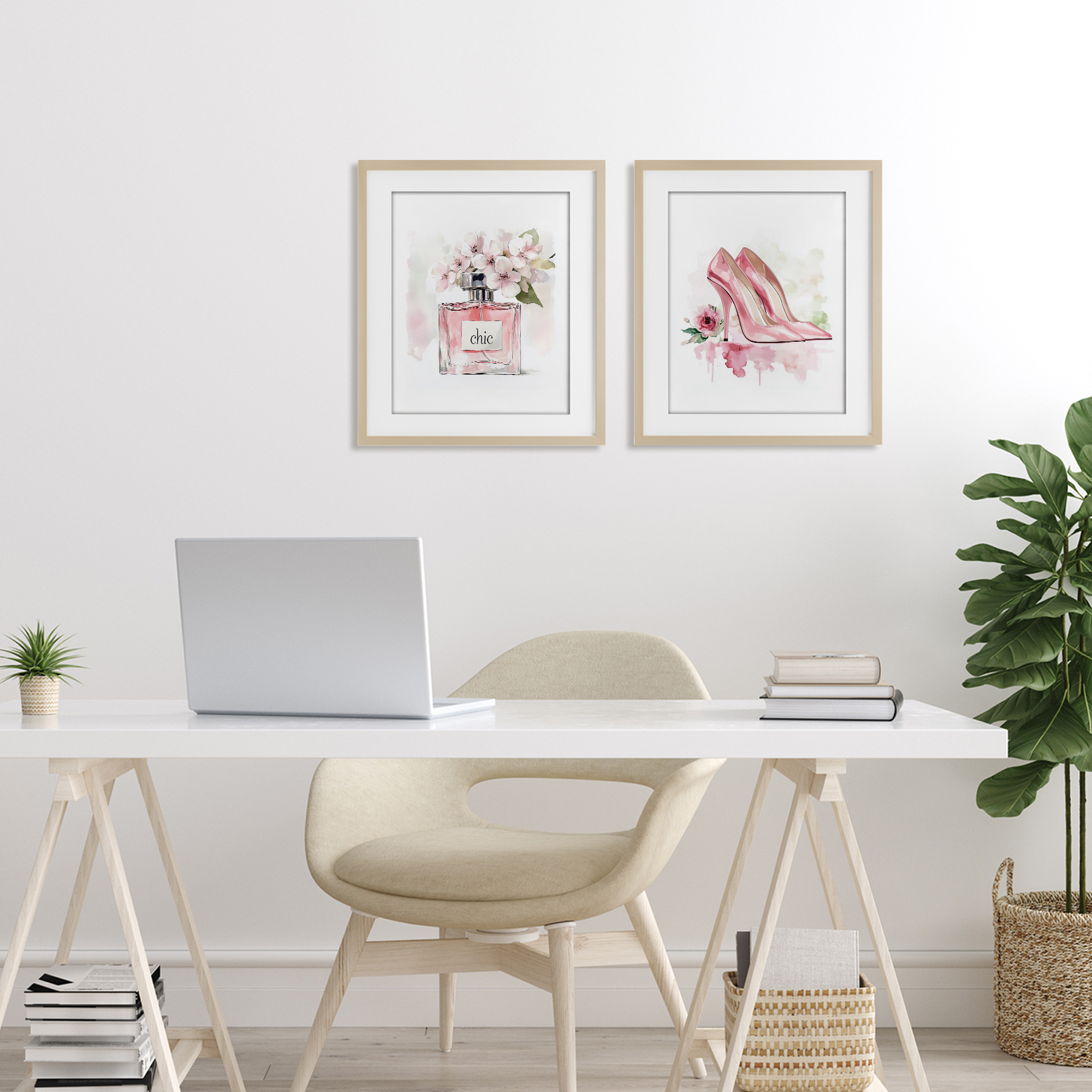 Rosy Pastel Perfume & Heels 2 Piece Birch Framed Print Under Glass Set, design by Christine Simpson Art