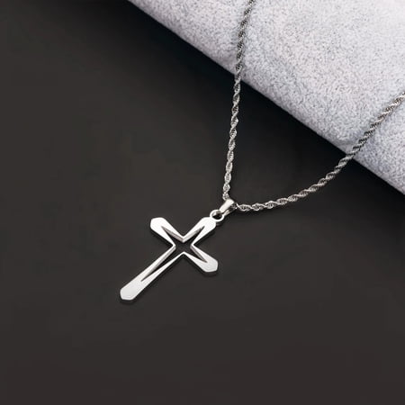 Men Titanium Steel Cross Pendant Necklace, Fashion Minimalist Hollow Starlight Cutout Cross Charm Neck Chain, Personalized Statement Layering Jewelry