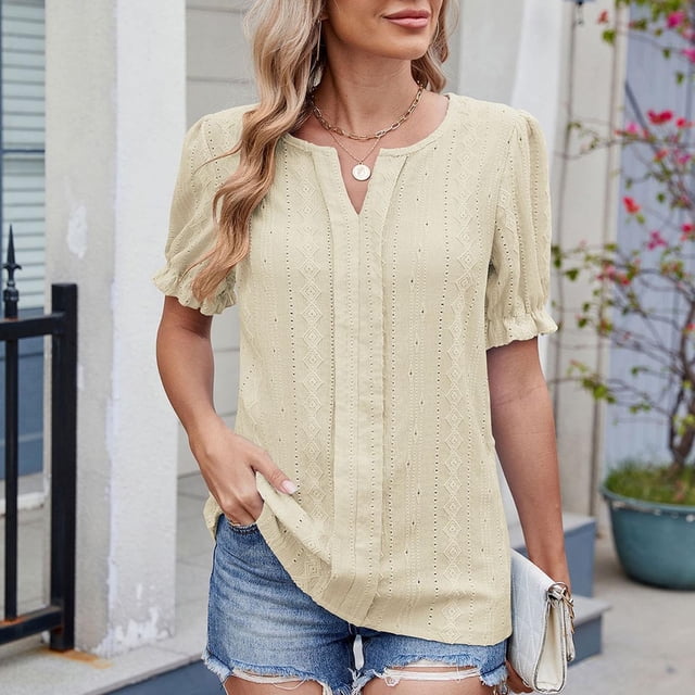 aidice Womens Tops V Neck Ruffled Short Sleeve Summer Tops T Shirts Fashion Casual Soft Basic Blouses Comfy Spring Tees