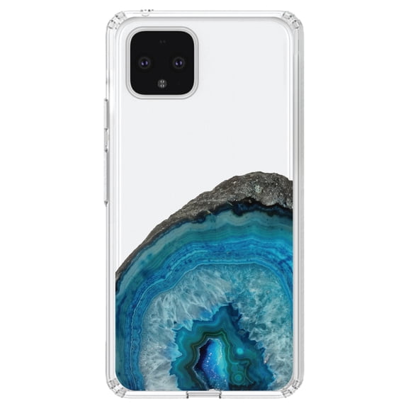 DistinctInk Clear Shockproof Hybrid Case for Google Pixel 4 (6.1" Screen) - TPU Bumper Acrylic Back Tempered Glass Screen Protector - Blue Teal Geode Crystal