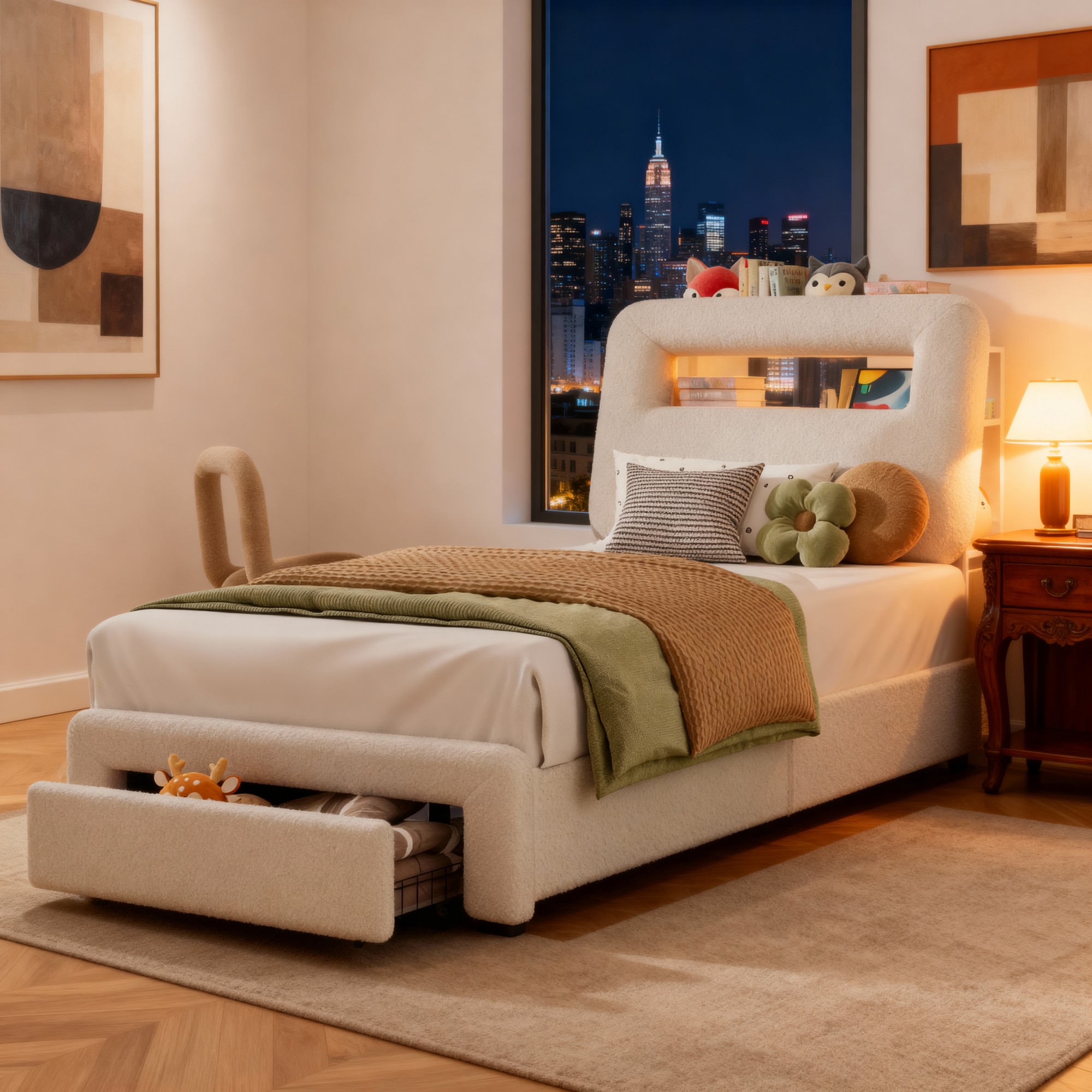 Gewnee Twin Size Bed Frame with Charging Ports & Under-Bed Storage Drawers, Solid Wood Slat Support with Center Leg, Easy Assembly