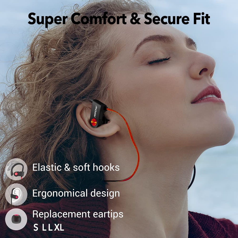 Mpow Wireless Sports Earbuds, Flame Bluetooth 5.3 Headphones with Mic IPX7 Waterproof Stereo Sweatproof in-Ear Earphones, Noise Cancelling Headsets, Black&Red
