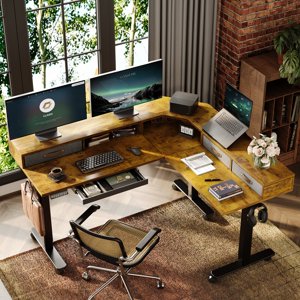 63 L Shaped Standing Desk with Drawers & Dual Motor Electric Height Adjustable Standing Desk | Rustic Brown