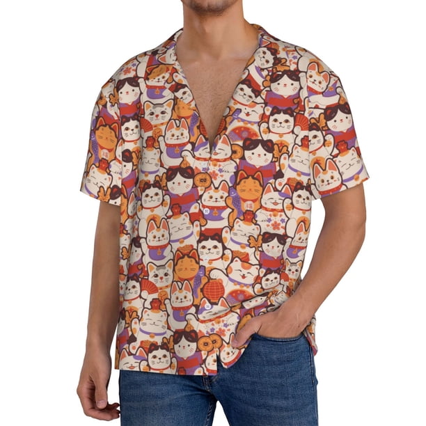Fotbe Maneki-Neko Cats Camisa Estampada de Manga Corta para Hombre, Casual de Verano, Estilo Playero, Sin Arrugas-4X-Large