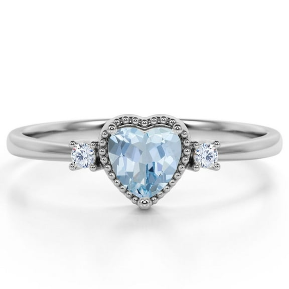 JeenMata 1.1 Carat Milgrain Set Heart Shape Aquamarine and Moissanite Engagement Ring in 18K White Gold over Silver