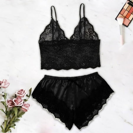 Underwear for Womens Bras For Couples Women Satin Lace V-Neck Camisole Bowknot Shorts Set Sleepwear Pajamas Lingerie