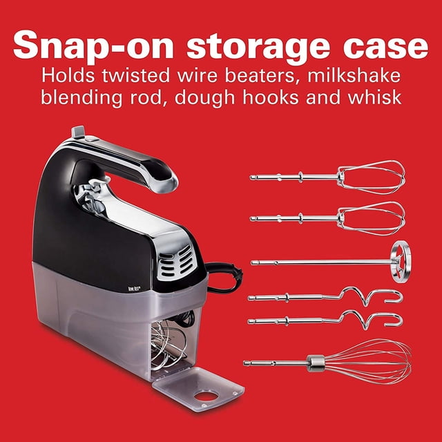 Hamilton Beach Power Deluxe 6-Speed Electric Hand Mixer with Snap-On Storage Case, QuickBurst, Beaters, Whisk, (62619E)) (Black/Metalic)