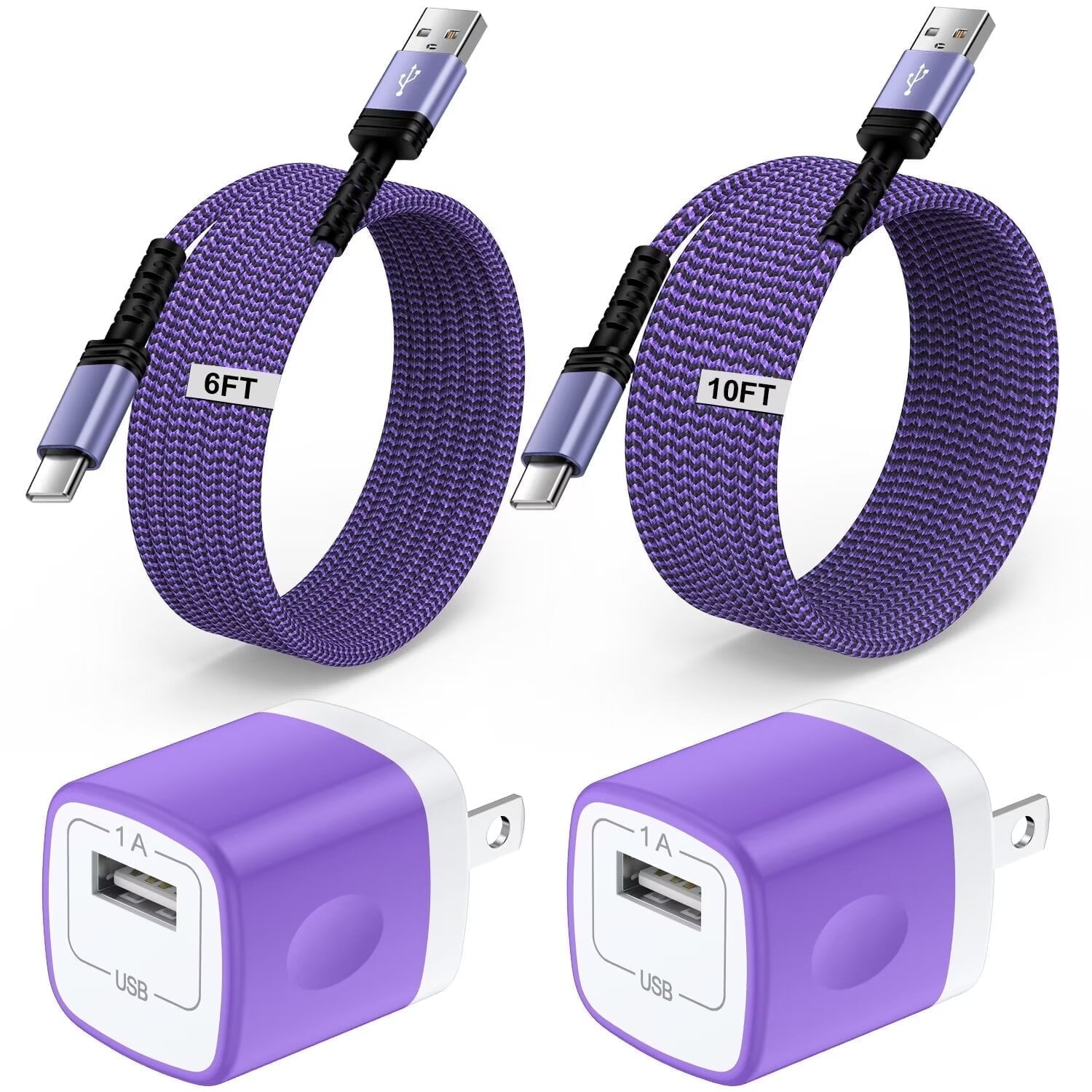 Type C Charger Block,with 2PACK Android Charger Fast Charging Cable 6ft/10ft 5V/1A Usb Charger Block Wall Adapter Plug Brick Phone Chargers for Android Phone, Block Type C,Purple