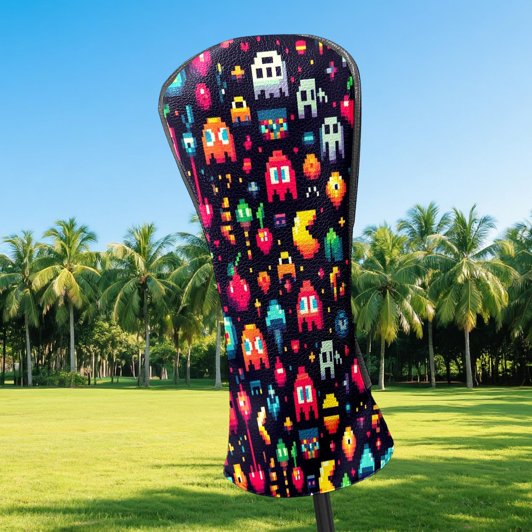 Golf Club Covers, Colorful Pixel Games Premium PU Leather Driver Hybrid Putter Head Covers with Velvet Lining, Waterproof Golf Gifts for Men Women