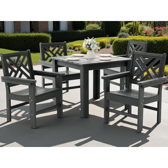 HDPE Outdoor Dining Set,5-Piece Outdoor Table and Chairs Include 4 Armchair Chairs and 32.5" Square Patio Dining Table with Umbrella Hole (Gray)