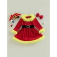 thumbnail image 3 of Christmas Clothes Set 12M 18M 24M 3Y 4Y 5Y 6Y Faux Fur Patchwork Long Sleeve Off Shoulder A-Line Dress with Belt + Bow Headband, 3 of 10
