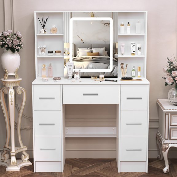 Ciumeeo Vanity Desk Set with Sliding LED Mirror Makeup Table with Open Shelfs and 7 Drawers for Women, White