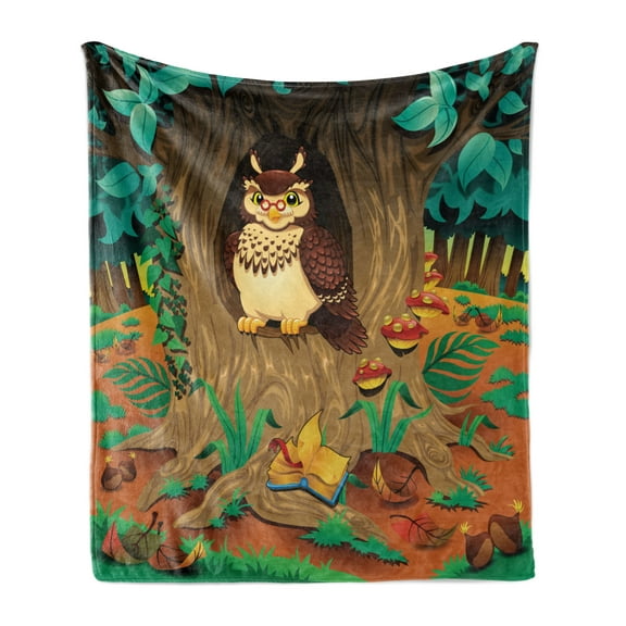 Owl Soft Flannel Fleece Blanket, Old Wise Nanny Grandma Owl in the Chestnut Tree Hallow Looking Through Sage Character, Cozy Plush for Indoor and Outdoor Use, 50" x 70", Multicolor, by Ambesonne