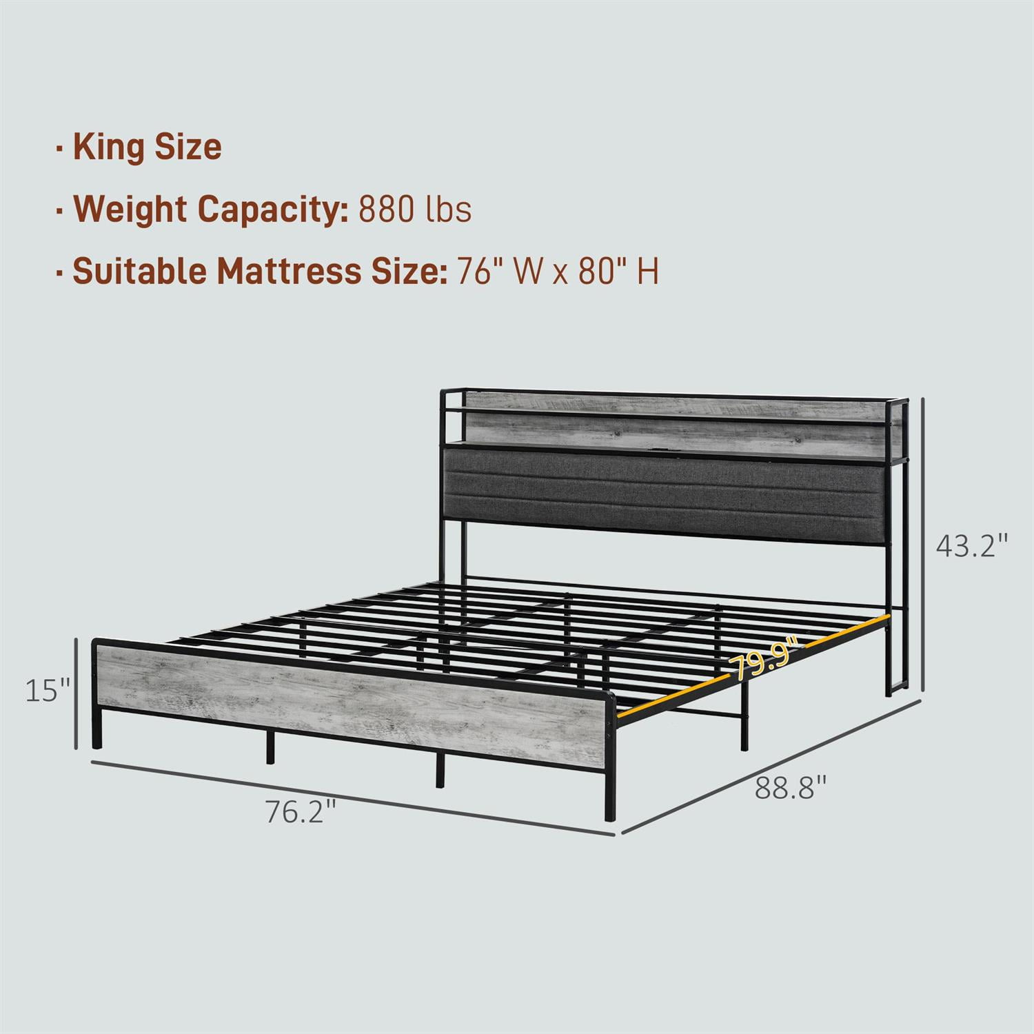 Demi Bonn King Bed Frame with Modern Storage Headboard, LED Lighted Bedframe with Charging Station for Bedrooms, Gray